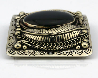Navajo Handmade Belt Buckle .999 Nickle Silver Onyx Artist Signed Tipi C.80's