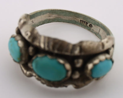 Navajo Ring .925 Silver Natural Blue Turquoise Artist Signed Sun Bell C.80's