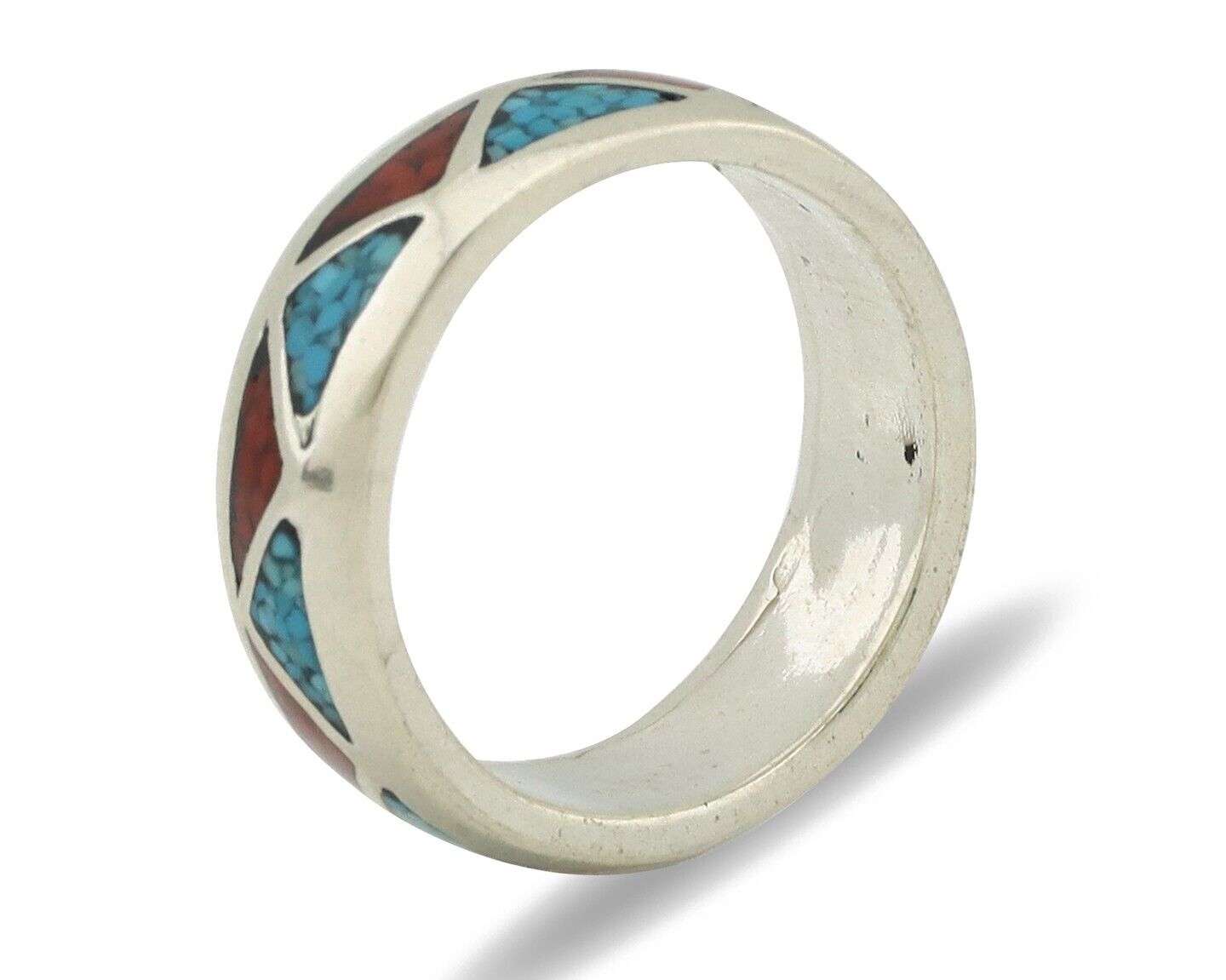 Navajo Ring 925 Silver Natural Turquoise & Coral Native American Artist C.80's