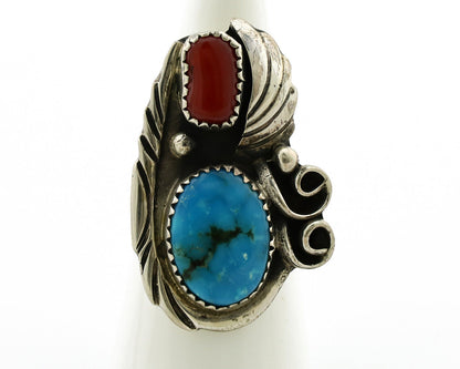 Navajo Ring 925 Silver Turquoise & Coral Artist Signed Native American C.80s