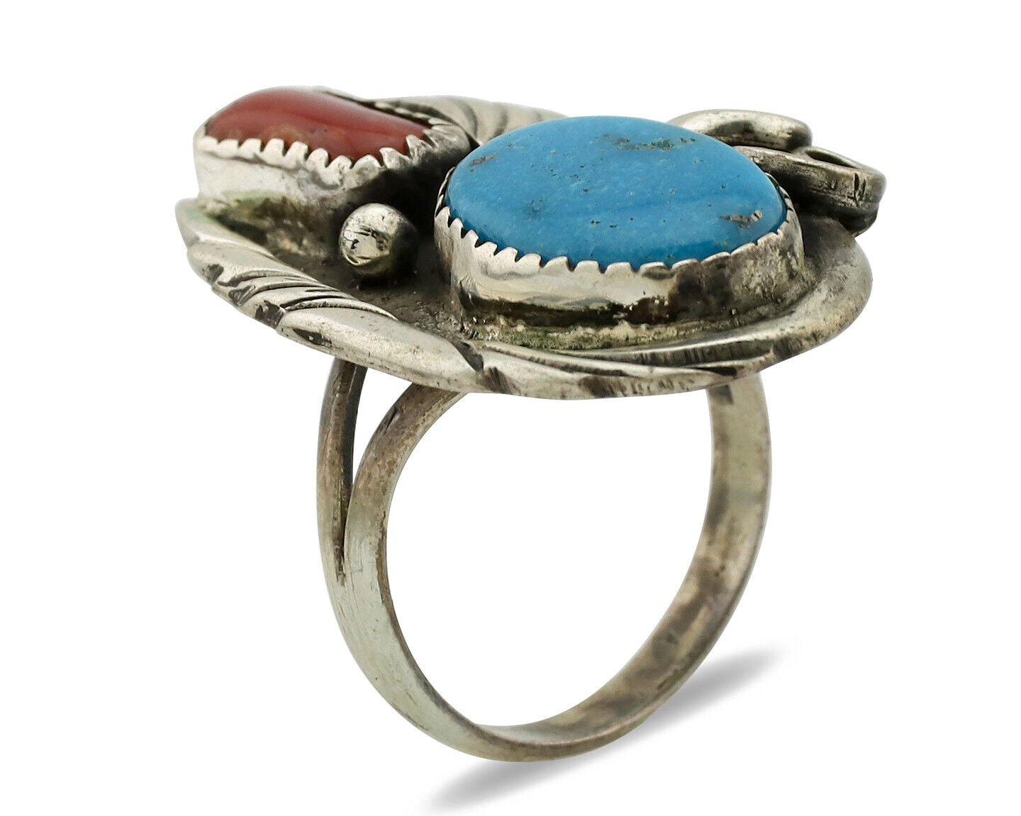 Navajo Ring 925 Silver Turquoise & Coral Artist Signed Native American C.80s