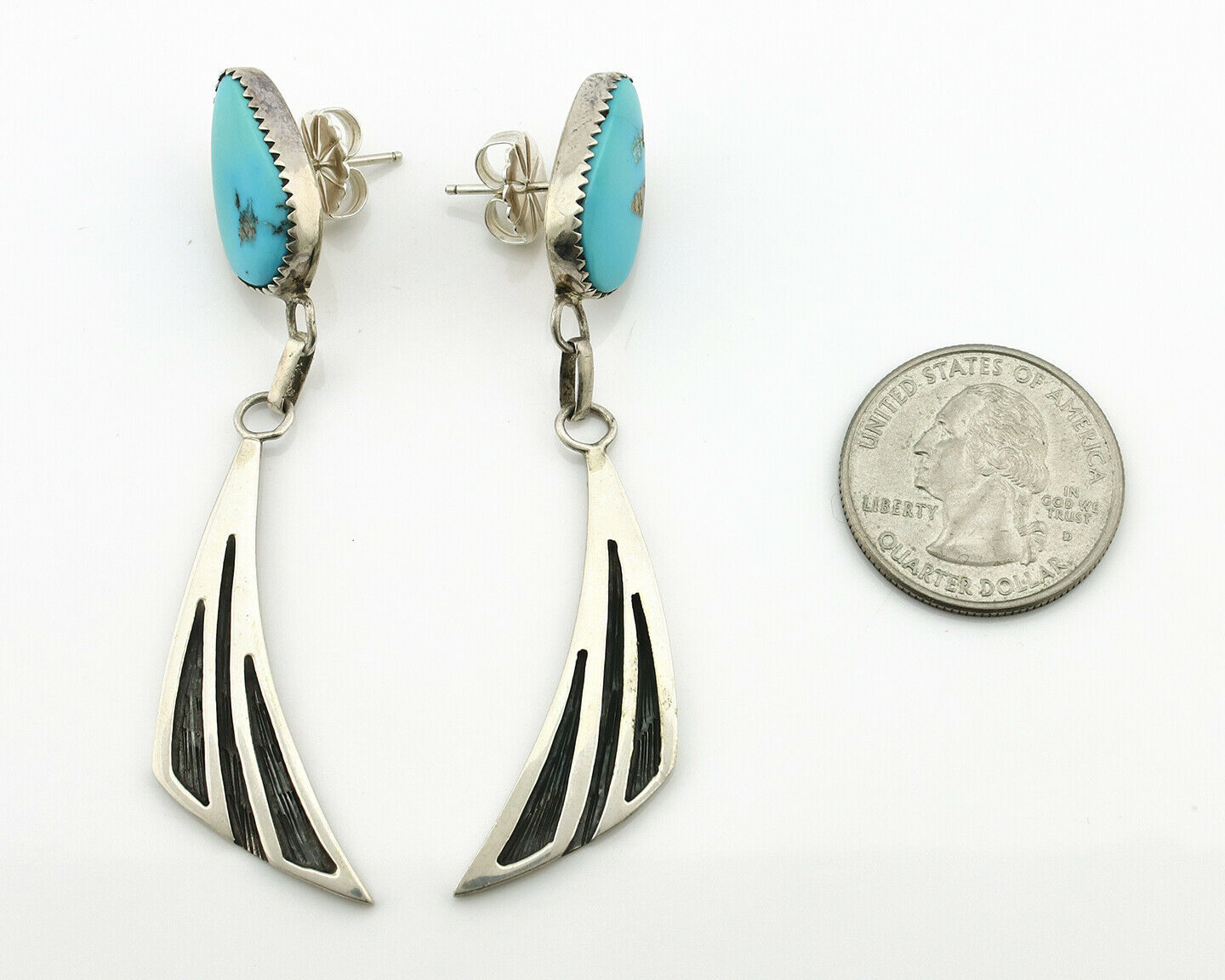 Navajo Earrings .925 Silver Natural Turquoise Native American Artist C.80's