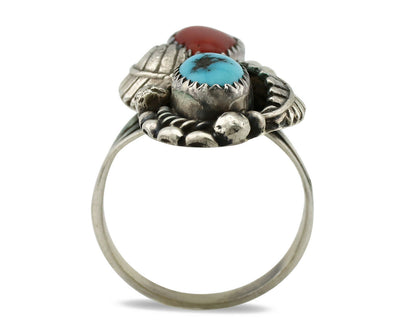 Navajo Ring .925 Silver Turquoise & Coral Artist Signed Stanley Bain C.80's