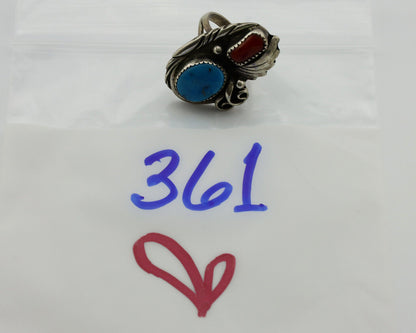 Navajo Ring 925 Silver Turquoise & Coral Artist Signed Native American C.80s
