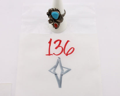 Navajo Handmade Ring 925 Silver Turquiose & Coral Artist Signed WJ C.80's