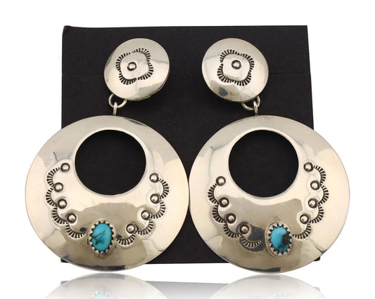 Navajo Handmade Earrings 925 Silver Blue Turquoise Signed Vera Jane C.80's