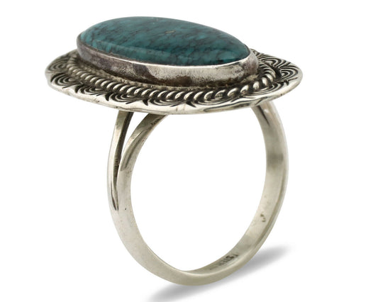 Navajo Ring .925 Silver Black Spiderweb Turquoise Native American Artist C.80's