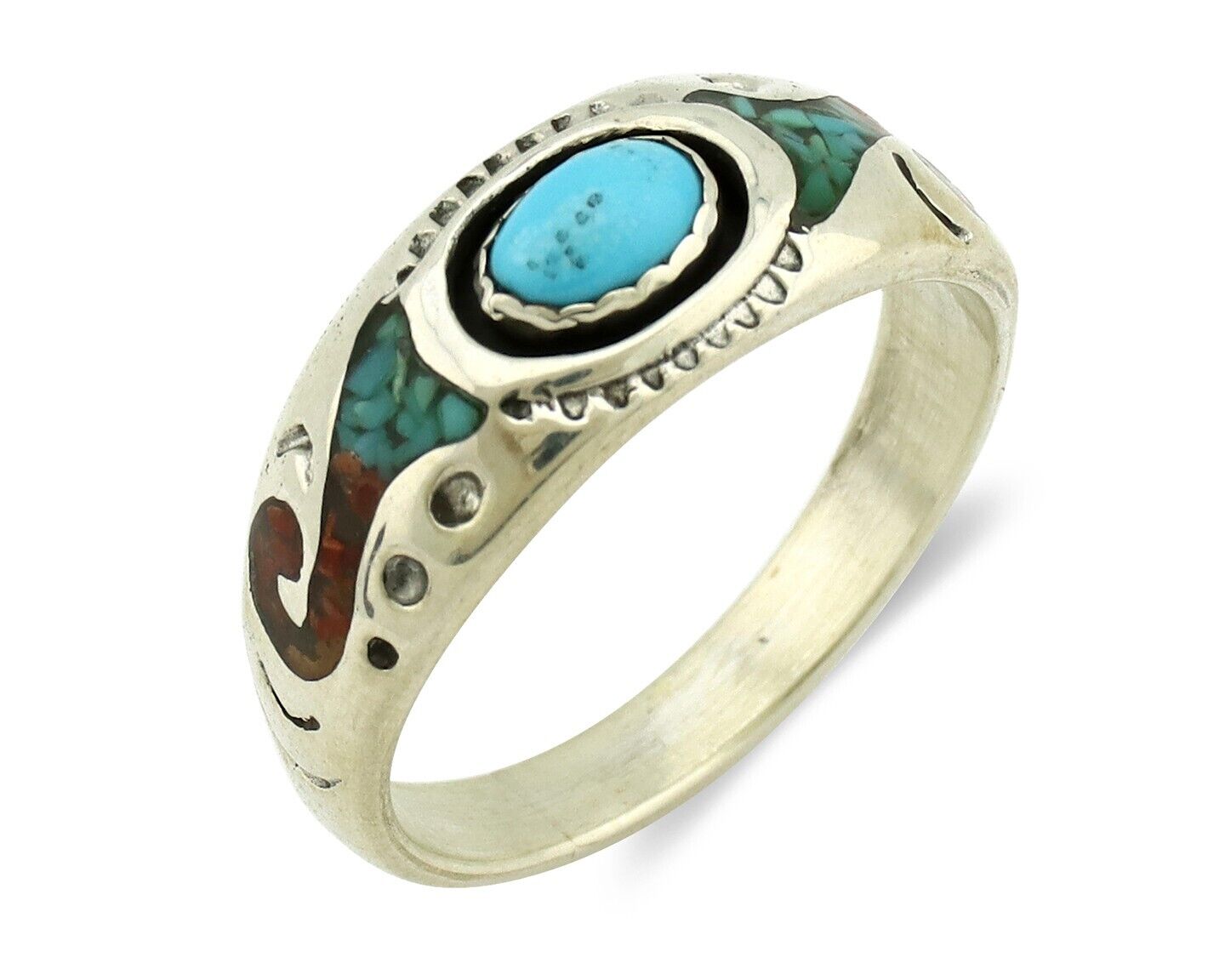 Navajo Handmade Ring 925 Silver Blue Turquoise & Coral Native American C.80's