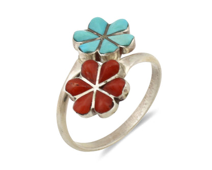 Zuni Flower Ring 925 Silver Turquoise & Coral Native American Artist C.80's