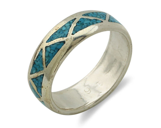 Navajo Chip Inlay Ring 925 Silver Sleeping Beauty Turquoise Artist Silver Cloud