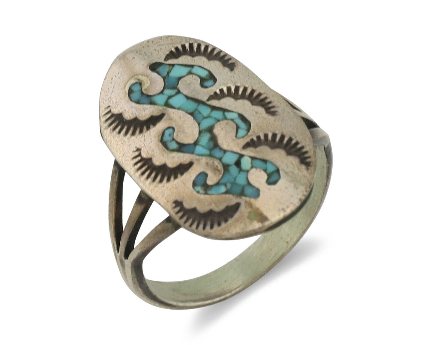 Small Navajo Ring 925 Silver Chip Inlay Turquoise Artist Signed NAKAI C.80's