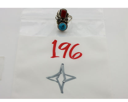 Navajo Ring 925 Silver Blue Turquiose & Coral Artist Signed Justin Morris C.80's