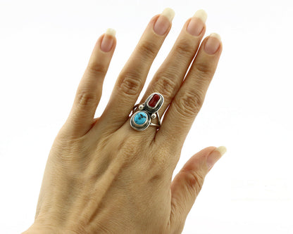 Navajo Ring .925 Silver Red Coral & Blue Turquoise Native Artist C.80's