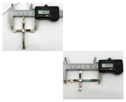 Zuni Handmade Cross Necklace 925 Silver Natural Gemstone Signed C. IULE C.80's