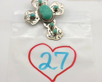Navajo Cross Pin Necklace .925 Silver Kingman Turquoise Signed EY C.80's
