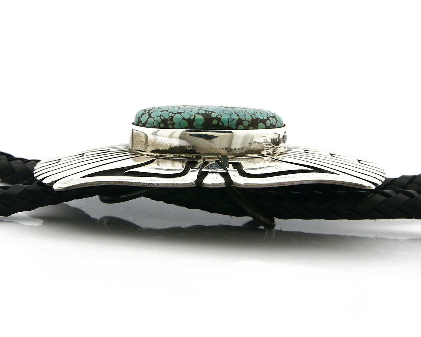 Navajo Turquoise Bolo Tie .925 Silver Spiderweb Turquoise Artist Signed J Billie