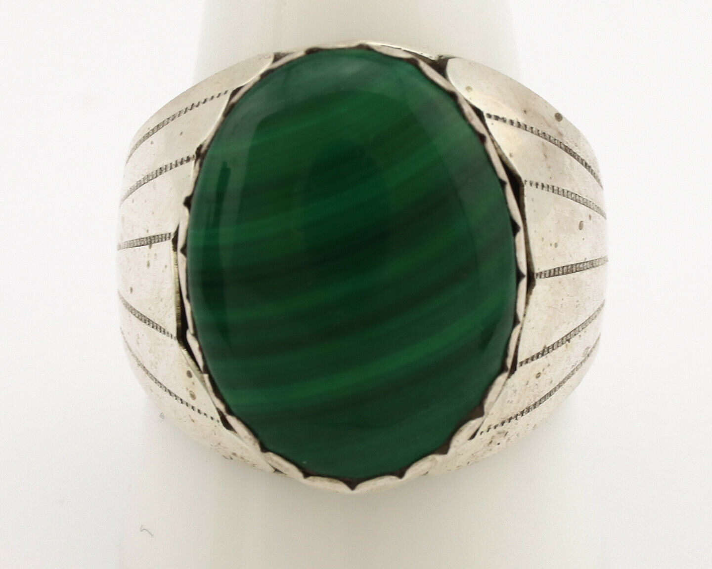 Navajo Ring .925 Silver Natural Green Malachite Artist Signed DL C.1980's