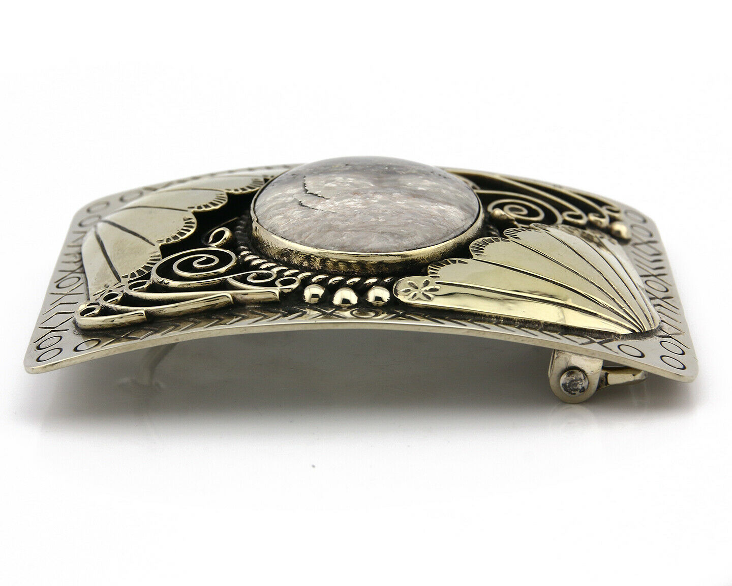 Navajo Belt Buckle .999 Nickle Silver Natural Gemstone Signed Tipi C.80's