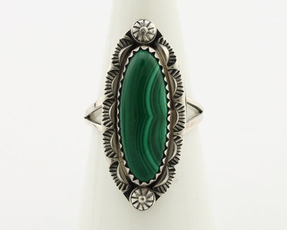 Navajo Ring .925 Silver Malachite Hand Stamped Signed Herman Lee C.80's
