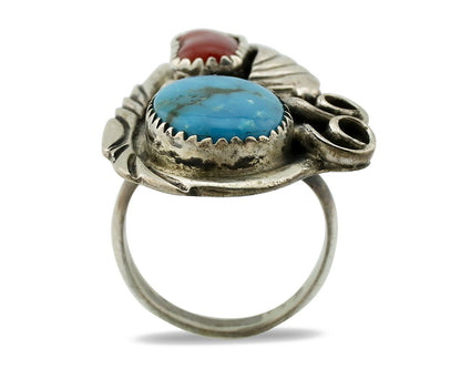Navajo Ring 925 Silver Turquoise & Coral Artist Signed Native American C.80s