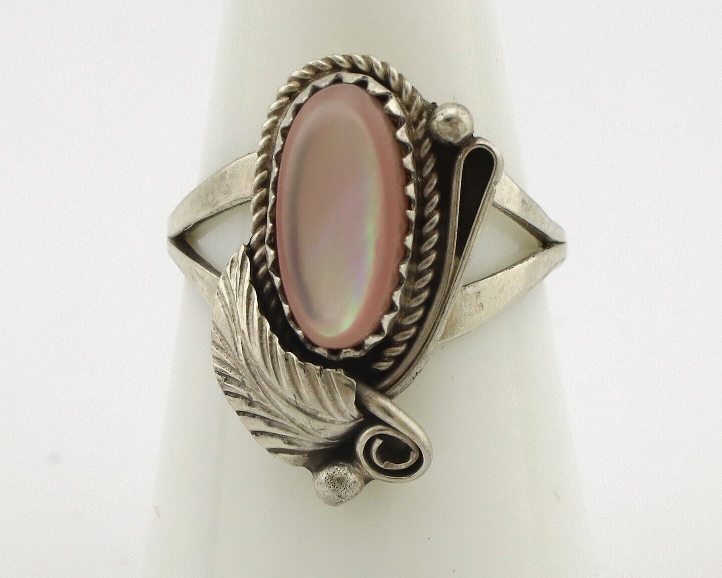 Navajo Ring .925 Silver Natural Pink Mussel Artist Signed Justin Morris C.80's