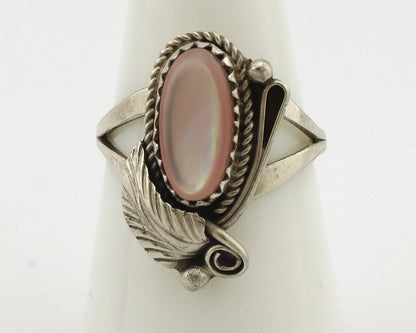 Navajo Ring .925 Silver Natural Pink Mussel Artist Signed Justin Morris C.80's
