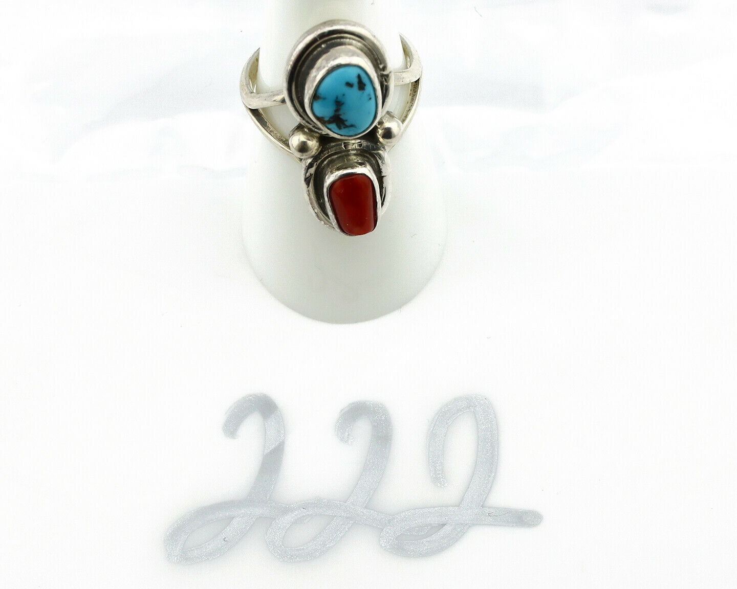 Navajo Ring .925 Silver Red Coral & Blue Turquoise Native Artist C.80's